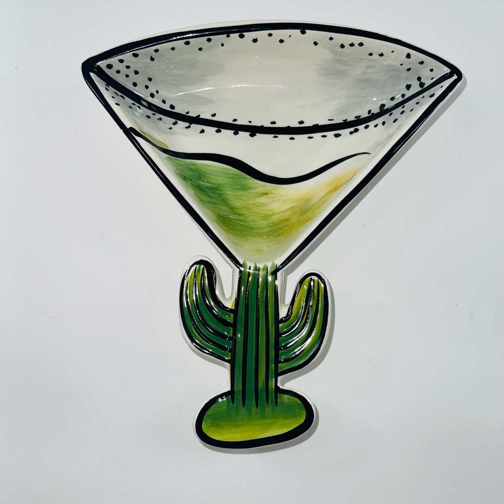 CLAY ART CERAMIC MARGARITA AND CACTUS GLASS SHAPED SERVING SALSA DIP BOWL